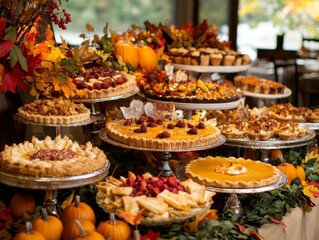 Fototapeta premium Assortment of Pies and Pastries Decorated with Fall Foliage and Pumpkins