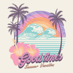 Summer Vector illustration with nature palm tree rainbo with flowers print design. girls summer print design. vintage retro coloro vibes  Summer vibes graphic design for t shirt print, poster,