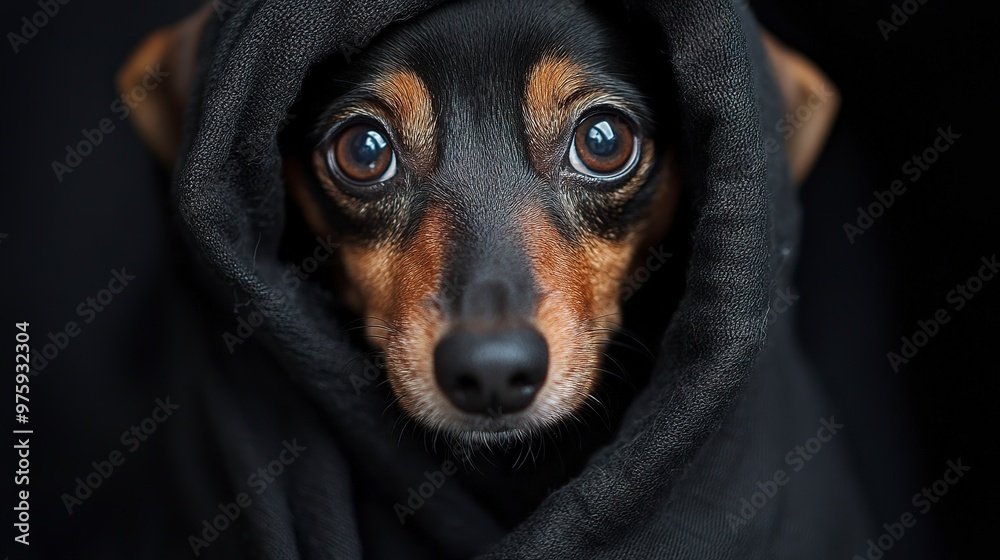 Sticker Close-up of adorable dog wrapped in black cloth, looking attentive with big eyes. Perfect for pet and animal photography content. 