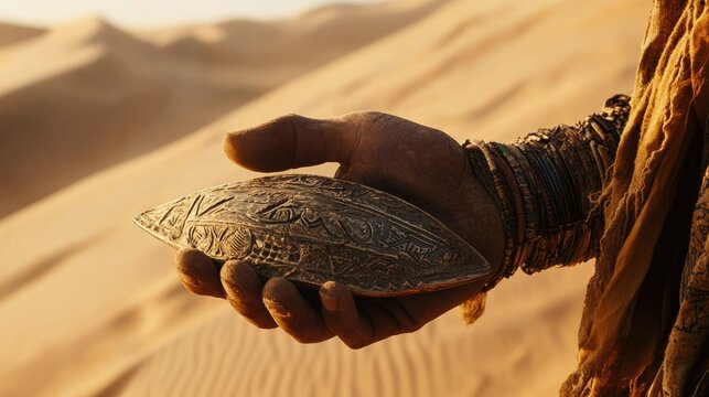 A close-up of a nomad hand holding a traditional desert artifact, against the backdrop of rolling sand dunes.