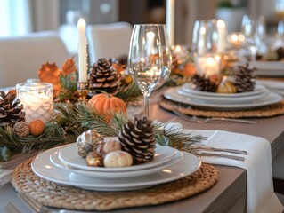 Naklejka premium Rustic Table Setting with Candles and Fall Decor