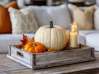 White Pumpkin, Orange Pumpkin, and Burning Candle in a Rustic Wooden Tray