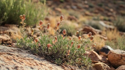 A close-up of desert flora, showing the resilience of small plants that survive in the arid conditions.