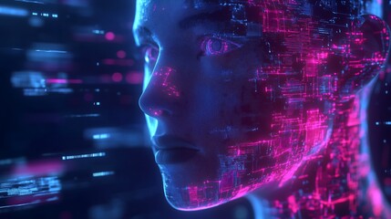 An abstract digital human face, representing concepts of artificial intelligence, big data, or cybersecurity. The face is composed of intricate geometric shapes.