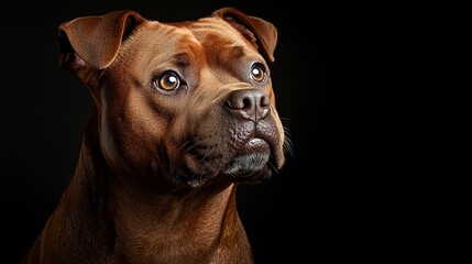 Obraz premium half body art of a real brown staffordshire bull terrier, staring, strong expression, ultra realistic photography, black background