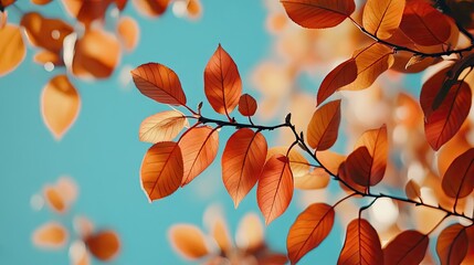 A close-up of vibrant orange and red leaves on a tree branch, set against a blue sky.