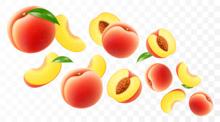 Flying ripe peach. Bright advertising background falling juicy sweet peach, realistic illustration with blurred effect. 3d vector design for advertising banners and web page design