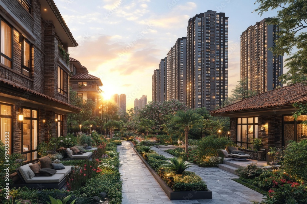 Wall mural serene garden with modern residential buildings at sunset