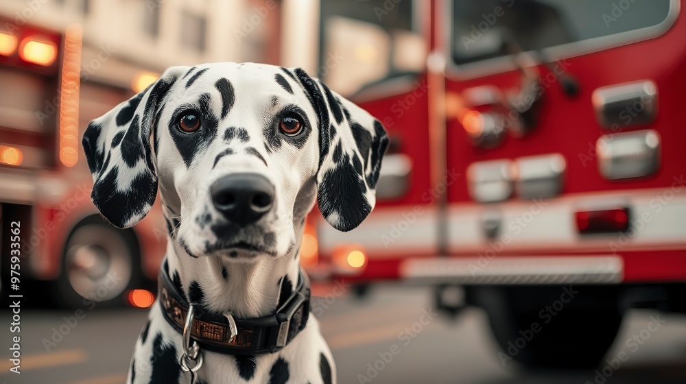 Poster A Dalmatian dog stands in front of a fire truck, embodying loyalty and bravery.