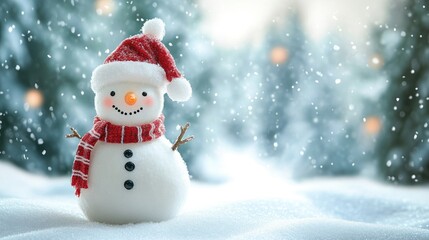 A cheerful snowman standing in a snowy Christmas landscape with copy space, perfect for a Merry Christmas and Happy New Year greeting card