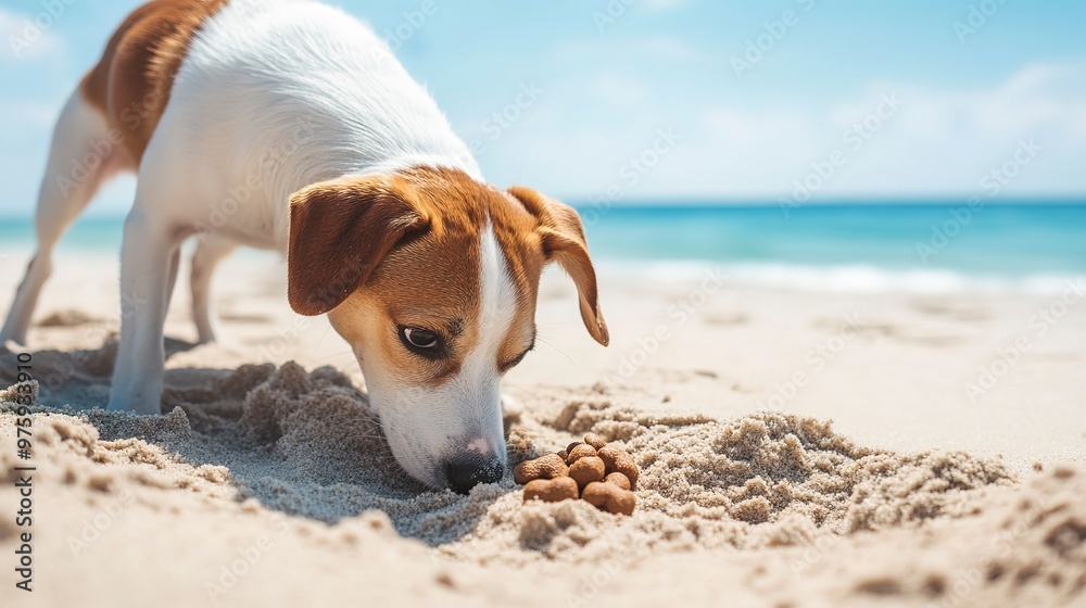 Wall mural Hosting A Beach Treasure Hunt For Your Dog, Hiding Treats Or Toys For Them To Find Buried In The Sand With Copy Space, Summer Background 