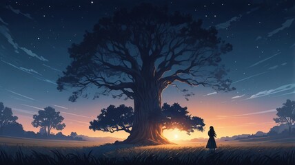 Majestic Tree and Solitary Figure in Serene Landscape – Flat Design Illustration