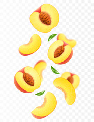 Flying ripe peach. Bright advertising background falling juicy sweet peach, realistic illustration with blurred effect. 3d vector design for advertising banners and web page design