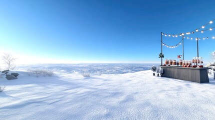 A breathtaking view of a snow-covered landscape under a clear blue sky, with a festive outdoor setup including a hot cocoa bar and string lights.