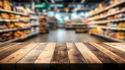 Wooden table top with a blurred background of a supermarket interior, featuring shelves full of products for product display or montage
