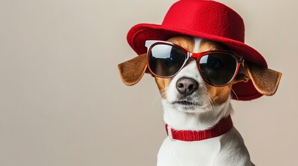 A stylish dog wearing sunglasses and a red hat, posing against a neutral background. 