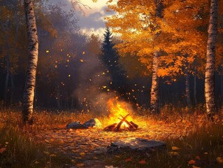 Fototapeta premium A Campfire in a Forest with Falling Leaves and Tall Trees