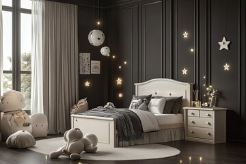 luxury minimalist dark brown kids bedroom with ivory elegant set of bed and stars decoration 