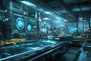 Futuristic control room with holographic displays and neon light