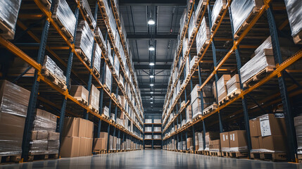 Naklejka premium Well-lit warehouse with tall shelves and boxed goods
