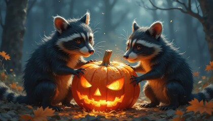 Halloween banner two raccoons with the Halloween pumpkin