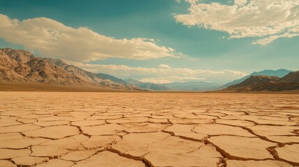 A dry, arid desert landscape with distant mountains, the ground cracked from the heat and lack of rain.