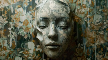 A close-up of a weathered, white plaster face with closed eyes against a vintage floral wallpaper background.