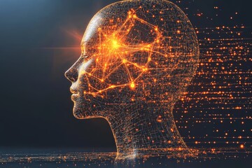 Abstract head profile with glowing orange neural networks and data points symbolizing the integration of human thought with digital intelligence
