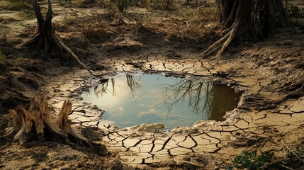 A dry pond with cracked mud, surrounded by dead trees and plants, representing the effects of drought.