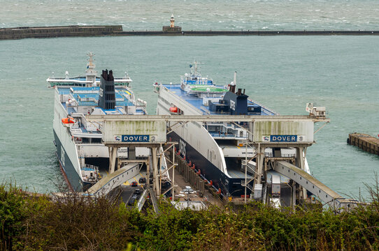 dover, Kent, UK - 6th April 2024: DFDS ferries load and unload lorries carrying freight to Europe at Dover maritime port, Kent, UK.