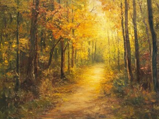 Obraz premium A Path Through an Autumnal Forest with Sunlight Filtering Through the Trees