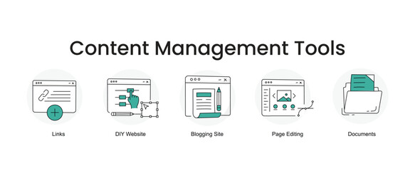 Content Management Tools. Icons included: Blogging Site, Documents, Page Editing, DIY Website, Links
