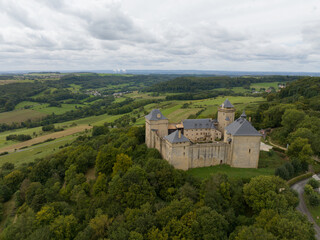 Malbrouck Castle, Manderen, France historic castle. Aerial drone view.
