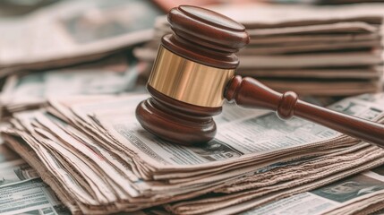 A gavel lies on newspapers, underlining the importance of law, journalism, and the power of information in shaping justice.