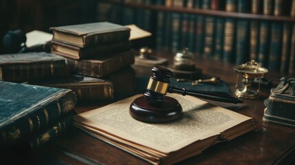 Obraz premium A gavel placed amidst law books, files, and evidence on a desk, embodying the principles of justice and courtroom authority.
