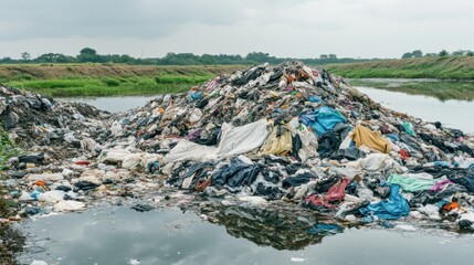 Piles of discarded clothing polluting rivers decaying fabrics in landfills under gray skies fast fashion waste devastating nature