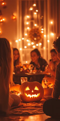 Hallowing dinner with candle-lit pumpkins of faces, food on the table and middle-aged people celebrating the midnight meal. IA