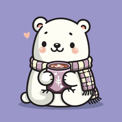 Cute polar bear sipping hot chocolate from a large mug in a winter morning. Kawaii polar bear.