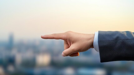 A professional businessman s finger pointing at a blank area of the image, set against a soft-focus cityscape, providing a perfect space for marketing text or visual elements