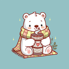Cute polar bear sipping hot chocolate from a large mug in a winter morning. Kawaii polar bear.