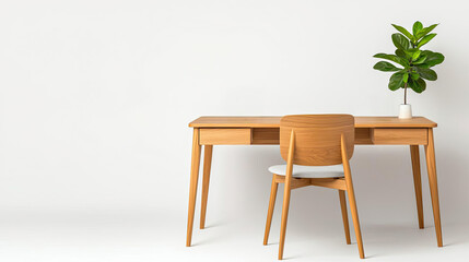 A sleek, contemporary teak desk with an ergonomic chair, styled with recycled office accessories, emphasizing an ecofriendly workspace