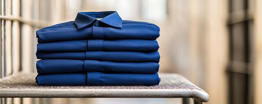 A stack of inmate uniforms neatly folded on a metal bench in a jail cell, highlighting the dehumanizing aspect of incarceration