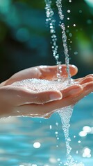 Fototapeta premium Hands Catching Sparkling Water Droplets in a Serene Setting During Daylight