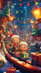 Santa's Elves Busy Preparing Colorful Gifts in a Festive Toy Workshop Setting for Holiday Celebrations