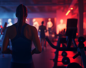 Individual in modern gym with red and blue lighting