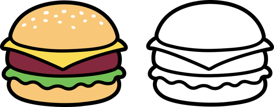 Cartoon cheeseburger, color drawing and black and white line icon. Cute and simple burger symbol, clipart illustration.