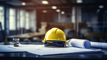 Yellow hard hat resting on blueprints in a construction office.