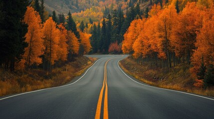 Fototapeta premium A scenic drive through the mountains with trees in full fall colors lining the road.