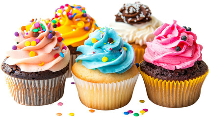 Assorted cupcakes with colorful frosting and sprinkles, isolated on a white background