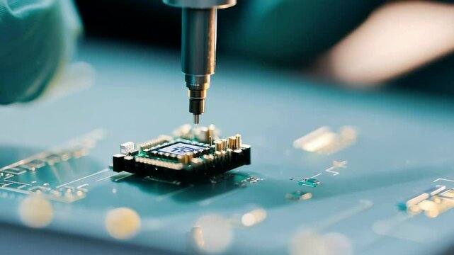 Close-up of a technician assembling a microchip on a circuit board in a clean room environment